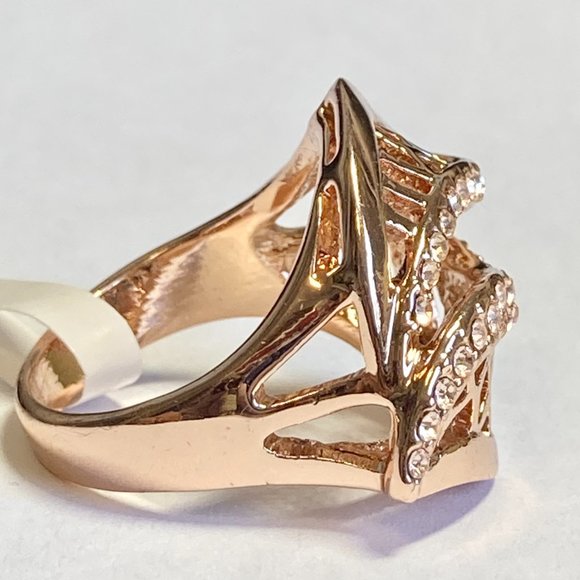 Art Deco Cocktail Ring Size 8 9 Rose Gold Plated Filigree Crystal Vintage Style - Picture 5 of 10